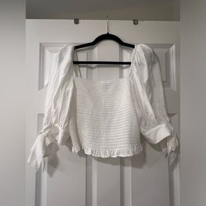 Express smocked square neck linen puff sleeve top